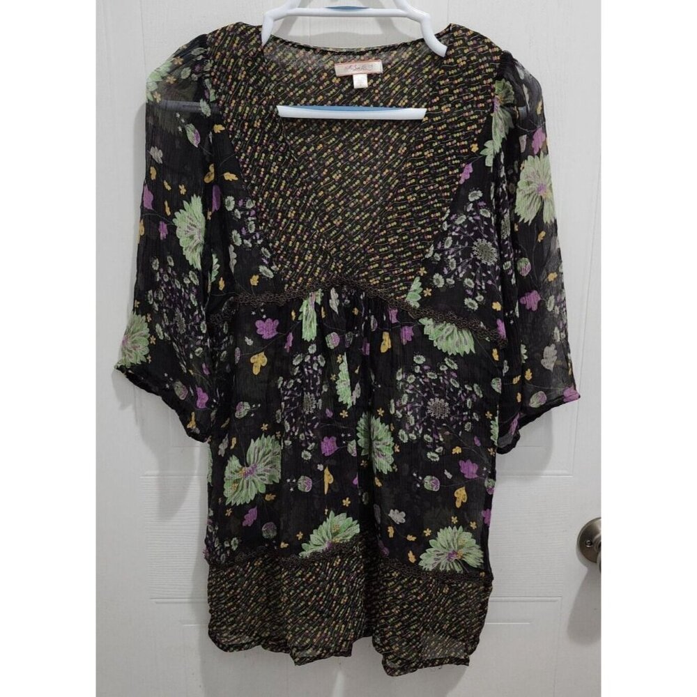 LUX Women's 3/4 Sleeve V Neck Sheer Empire Waist Babydoll Blouse Top 100% Silk S